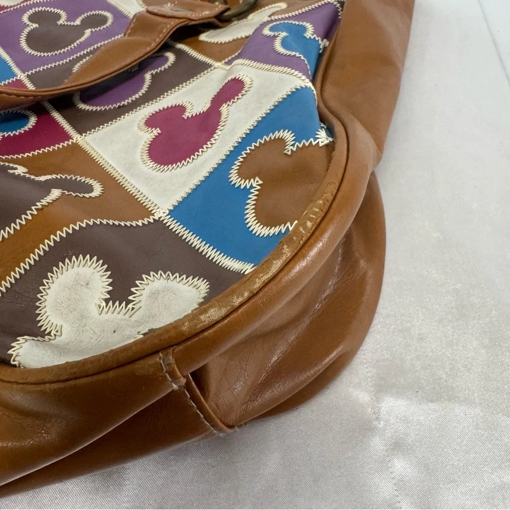 Disney Parks Mickey Mouse Multicolor Patchwork Tote Hobo Sa Bag with Brown Trim - Picture 11 of 14